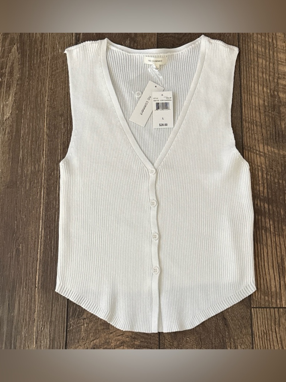 No Comment, White Ribbed Button-Front V-Neck Sleeveless Top, Size Large